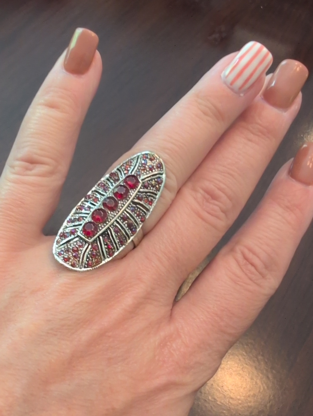 Silver-Tone Red Crystal Oval Statement Ring